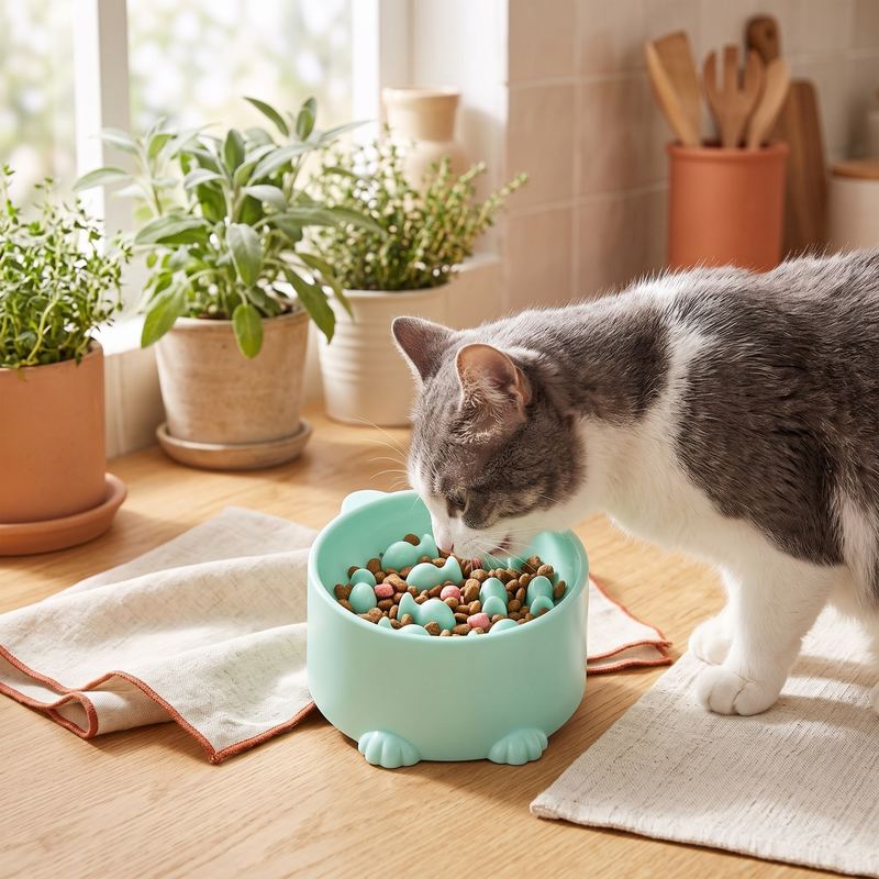 Cat eating from a Lark & Nest slow feeder