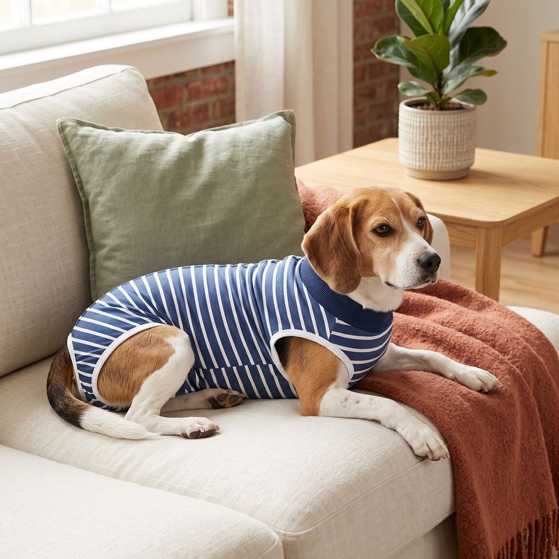 Beagle resting in a Lark & Nest recovery suit
