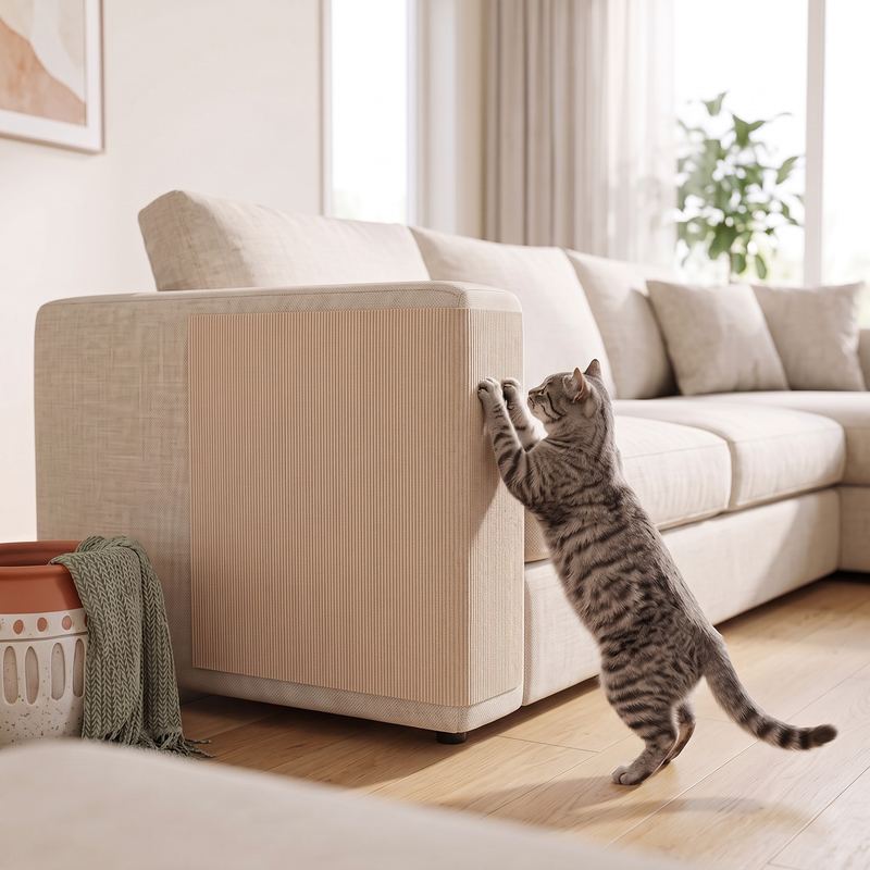 Cat using a Lark & Nest scratching mat on a sofa
